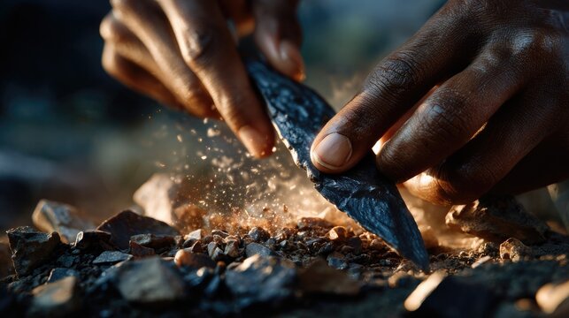 Photorealistic Stone Tool Making Process with Detailed Hand Anatomy
