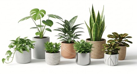 Obraz premium Collection of various potted houseplants including Monstera and Snake Plant in modern planters for home decor and interior design isolated o