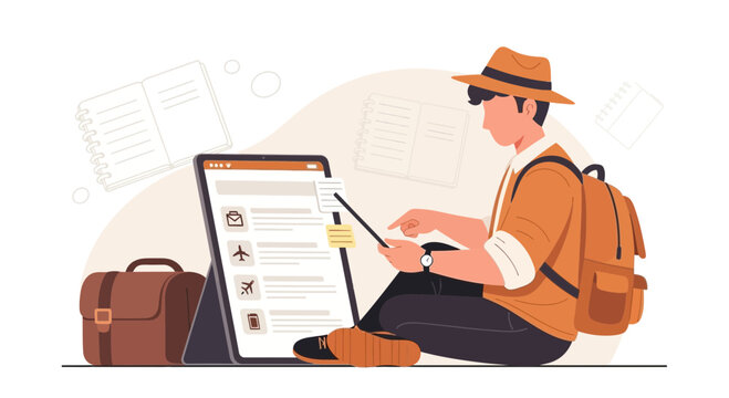Digital Nomad Planning Travel Itinerary On Tablet Device With Backpack