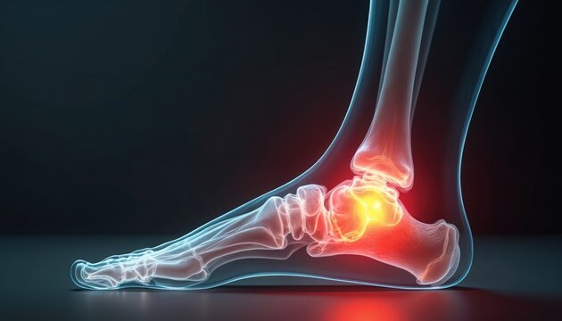 X-ray view of human foot and ankle bones. Red areas show heel pain and inflammation. Medical illustration displays bone anatomy and joint stress. Digital concept of foot injury.
