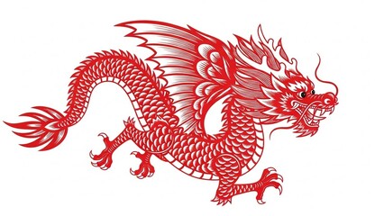 Vibrant red dragon in dynamic pose with fiery mane and sharp claws