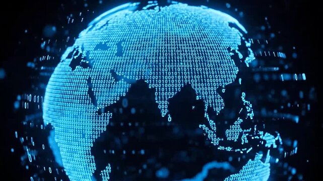 Digital Earth globe displaying binary code and global data connections on a dark blue abstract background.