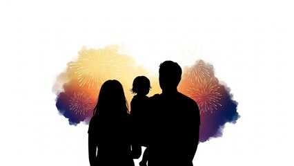 Happy family watching vibrant fireworks display together at night