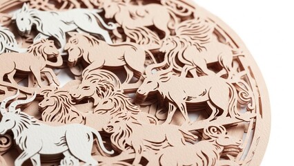Wooden zodiac animal cutouts in various earthy tones