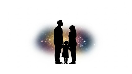 Loving family silhouettes against vibrant starry night sky background