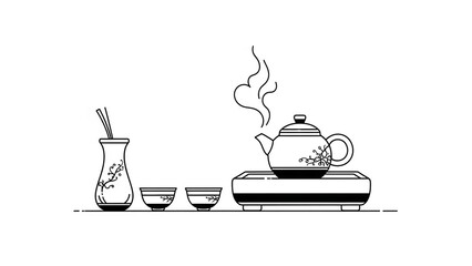 Traditional Japanese tea set with steaming teapot and cups