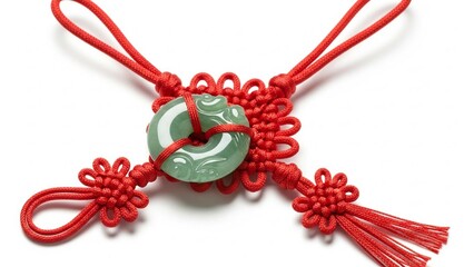 Vibrant jade pendant on red cord with intricate knotwork details