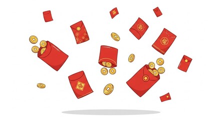 Red envelopes with gold coins flying through the air