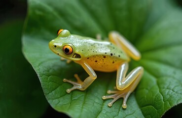 Obraz premium Green amphibian with large orange eyes rests on lush green leaf. Tiny creature showcases speckled skin and translucent limbs. Small frog sits still in its jungle habitat.