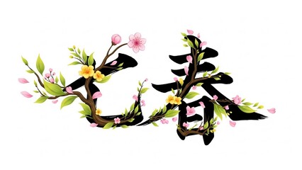 Beautiful floral Japanese kanji character illustration