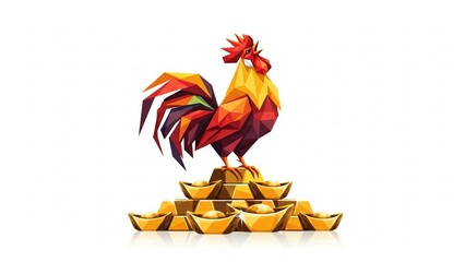 Vibrant rooster standing on gold bars and coins in geometric style