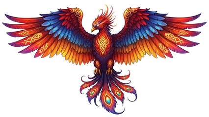 Vibrant phoenix bird with colorful feathers and Celtic knot designs
