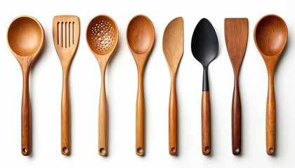 Collection of wooden kitchen utensils laid out neatly on a white background. Includes spoons, spatula, and ladle for cooking and serving food. Natural wood material.