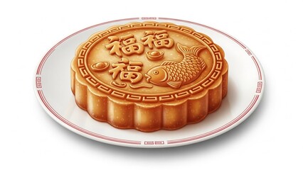 Traditional Chinese mooncake on decorative plate with fish design