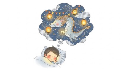 Child dreaming of magical dragon flying in starry night sky with fireworks