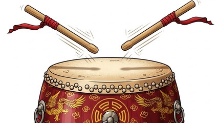 Vibrant drum with golden accents struck by dynamic drumsticks