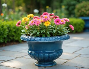 Blue urn planter holds pink and yellow daisy flowers. Planter sits on stone patio in a green garden. Beautiful floral arrangement for outdoor decoration. Adds color to yard.