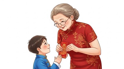 Happy Asian grandmother giving red envelope to excited young boy