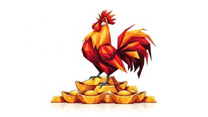 Vibrant rooster standing proudly on golden coins and bars
