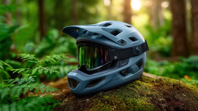 Modern mountain bike helmet with reflective visor in forest