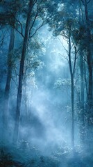 Fototapeta premium Ethereal Sky Forest With Blue Luminescent Trees and Soft Mist 