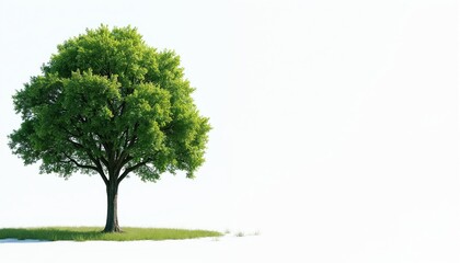 Obraz premium Single large oak tree with green leaves stands on grass field under bright clear sky. Its branches spread wide creating a natural shape with empty space on right.