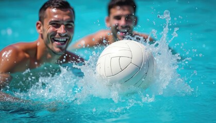 Men play volleyball in pool water. Friends splash ball during match game. People enjoy active aquatic fun, summer recreation and poolside competition outdoors.