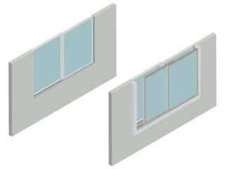 アイソメトリック二重窓を設置前と後のイラスト素材