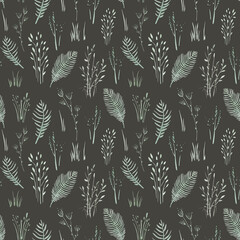 Floral seamless pattern with abstract blue and beige flowers, delicate branches and leaves. Watercolor print isolated on white background for textile or wallpapers.