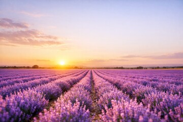 Obraz premium Vast lavender field at sunset with rows stretching to the horizon under a colorful sky