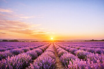 Obraz premium Vast lavender field at sunset with golden sun and soft pastel sky