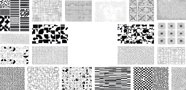 Collage of various black and white patterns and textures displayed together in a grid formation