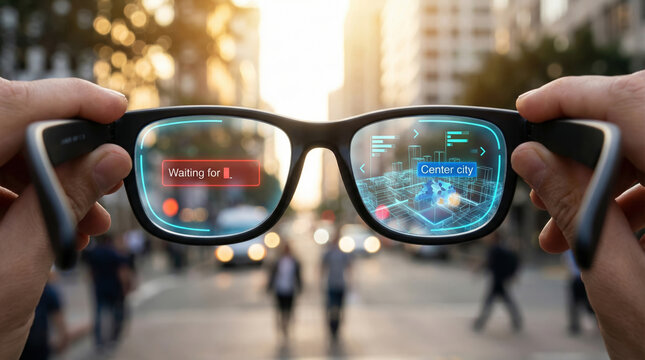 Ar vr glasses translation language smart augmented reality street scene view with city navigation overlay futuristic feeling