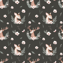 Fototapeta premium Watercolor Woodland animals seamless pattern. Fabric wallpaper forest with baby deer trees. bird baby animal Nursery backgrouns