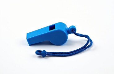 Blue plastic sport whistle with cord lies on white background. Referee equipment signals start game end. Official tool for coaches referees umpires.