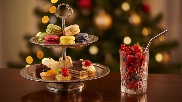 Elegant assortment of colorful macarons and mini desserts with fresh berries in a festive setting