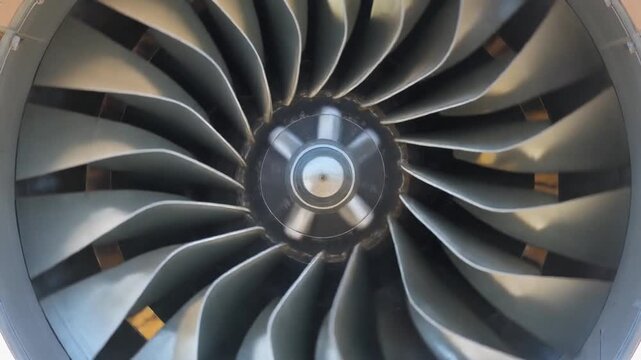 Stationary metallic fan blades visible inside a powerful jet engine