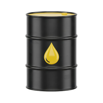 3D rendered black oil barrel with golden drop symbol isolated on transparent background
