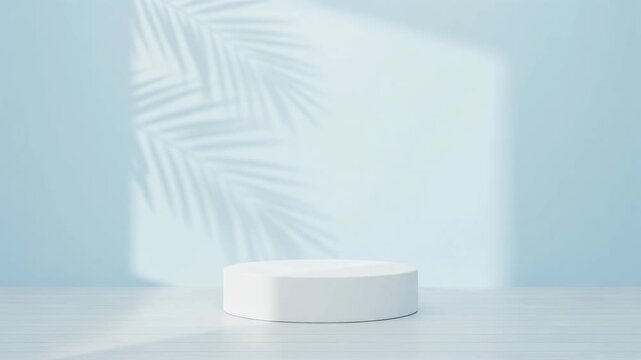 Minimalist white round pedestal with tropical palm leaf shadow on light blue background for product display