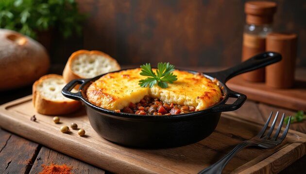 Shepherds pie in skillet with mashed potato topping on wood board. Served with bread slices and parsley garnish. Hearty baked meal is ready to eat on rustic kitchen table.