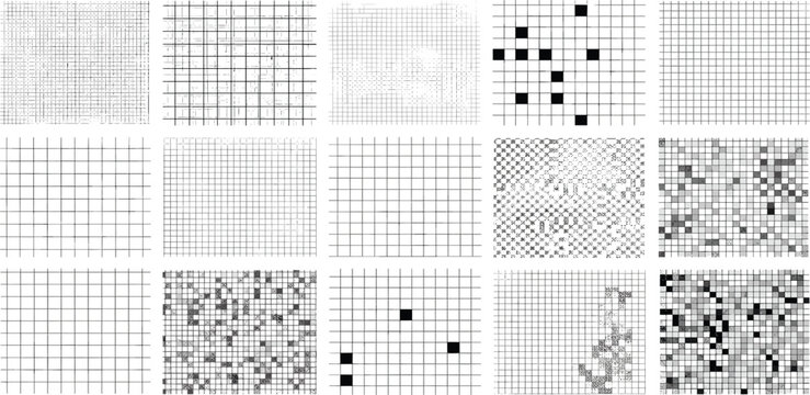 Collection of various grid patterns with different densities and textures viewed from a straightforward perspective