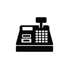 A black and white image of a cash register on a white background