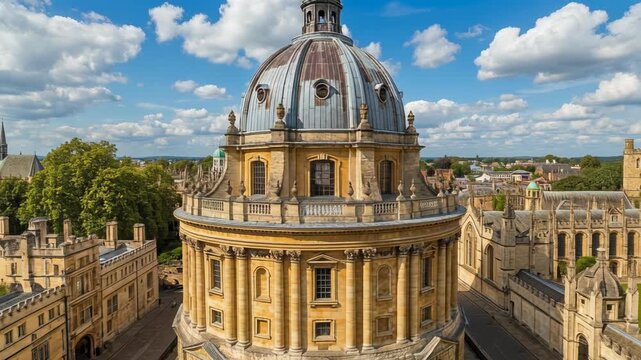 Historic Oxford Radcliffe Camera building with blue sky and clouds in England cityscape