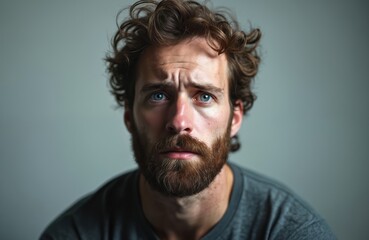 Obraz premium Bearded man with blue eyes shows sad or worried expression. Curly hair and furrowed brow. He looks down thoughtfully, deep in contemplation or distress, conveying emotional struggle.