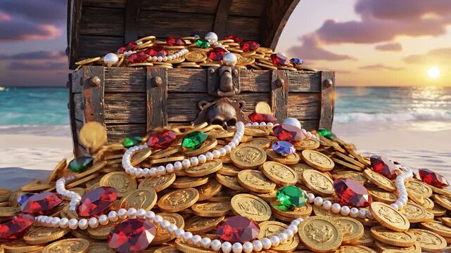 Treasure chest overflowing with gold coins and jewels on a beach at sunset