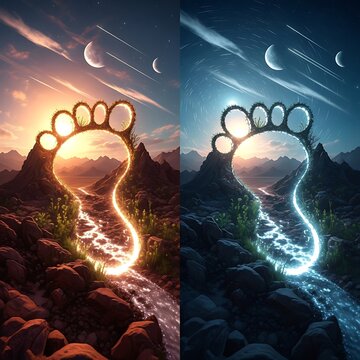 Surreal landscape features a glowing footprint shaped archway connecting day and night scenes