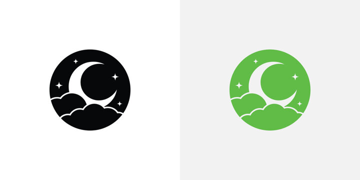A green icon of a crescent moon with stars and clouds at night