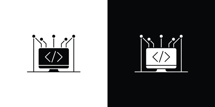A white and black illustration of a computer with coding symbols and people around it on black
