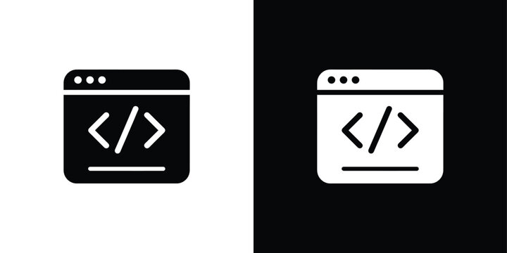 A white browser window icon with HTML code symbol on a black background