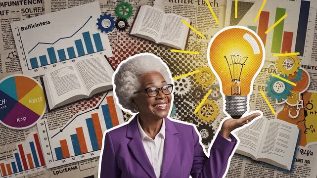 Excited woman with a lightbulb symbol, surrounded by vintage newspaper clippings